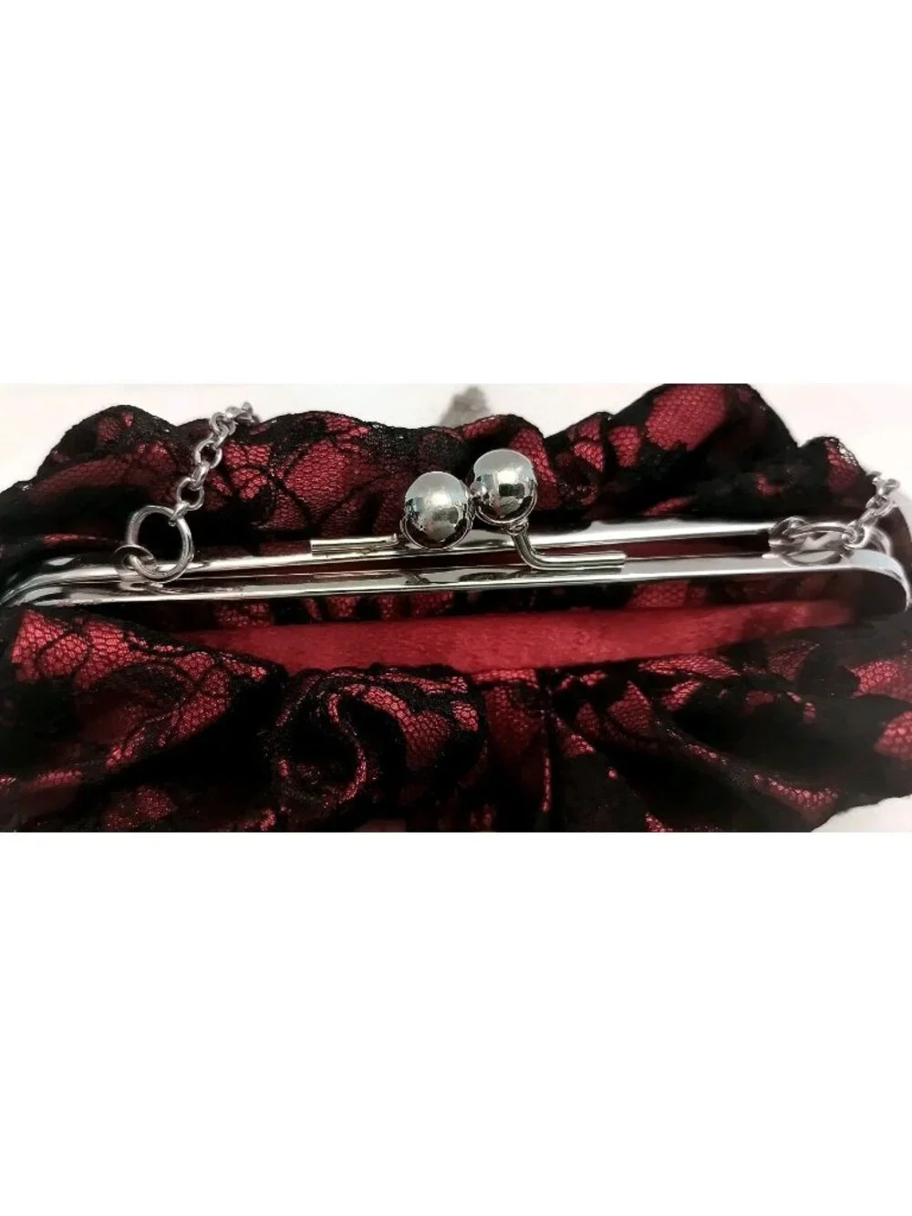 Accessories Red And Black Satin Lace Evening Clutch Bag With Silver Chain